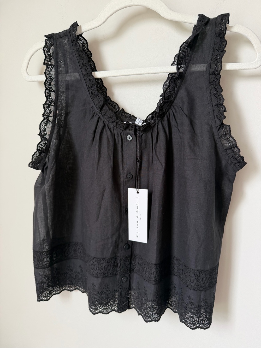 Black embroidered cotton Tank Top